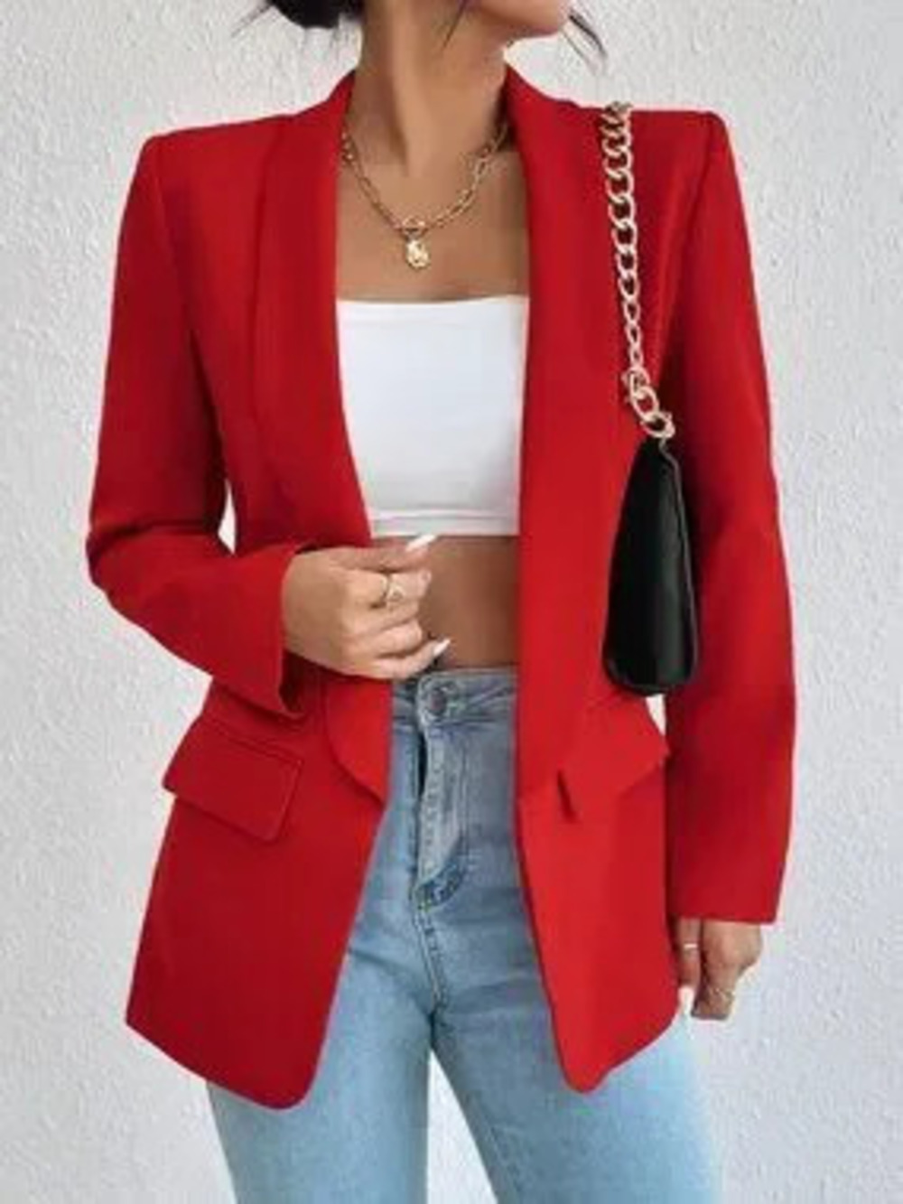 red Casual Women's Shawl Collar Blazer